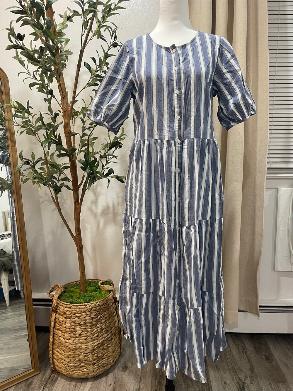 Old Navy Blue and White Striped Button-Down Tiered Maxi Dress